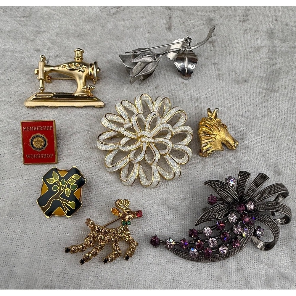 Vintage Brooch Lot Flower Membership‎ Horse Rhinestone Sewing